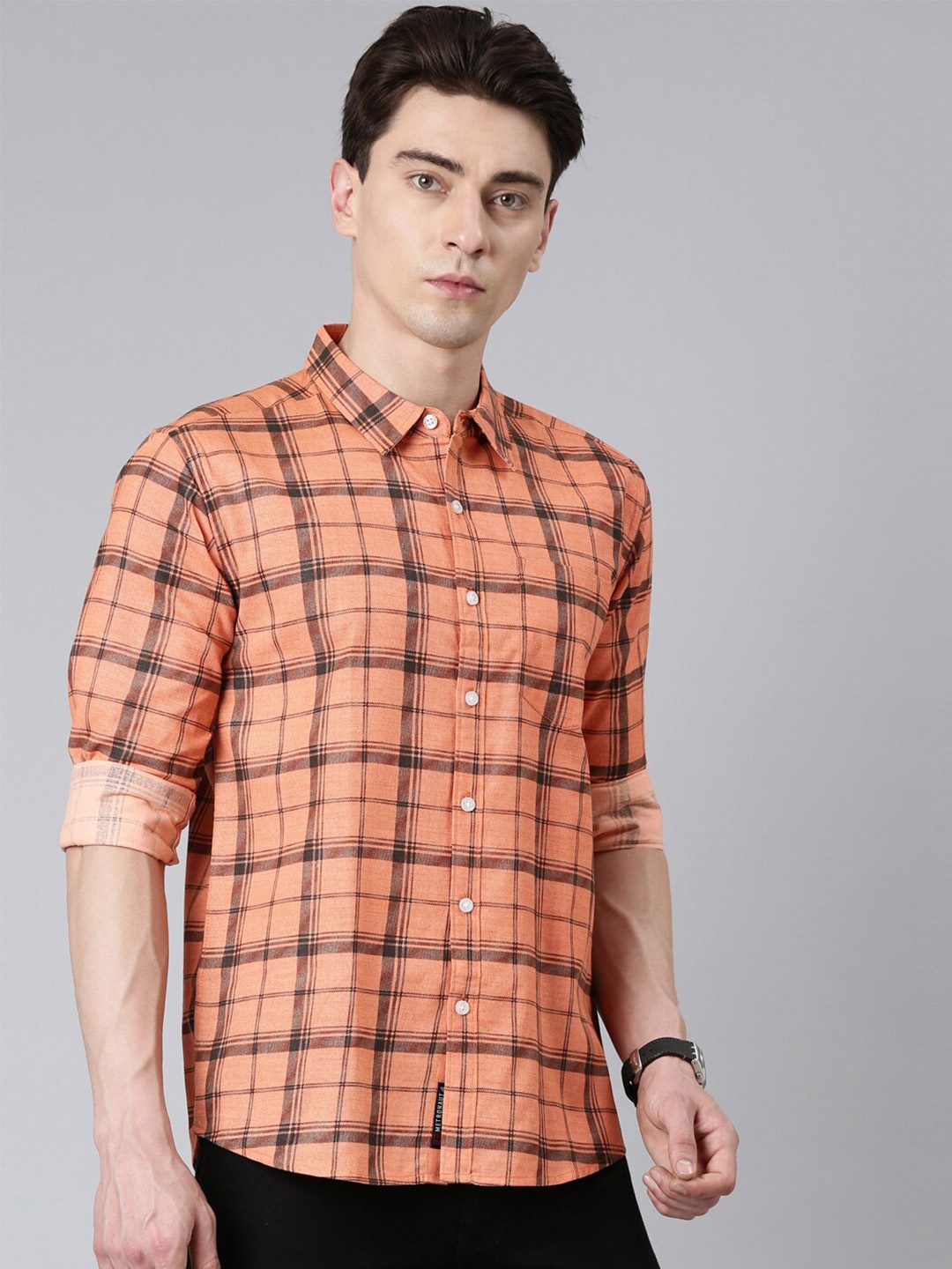 

Metronaut Slim Fit Tartan Checked Casual Cotton Shirt, Orange