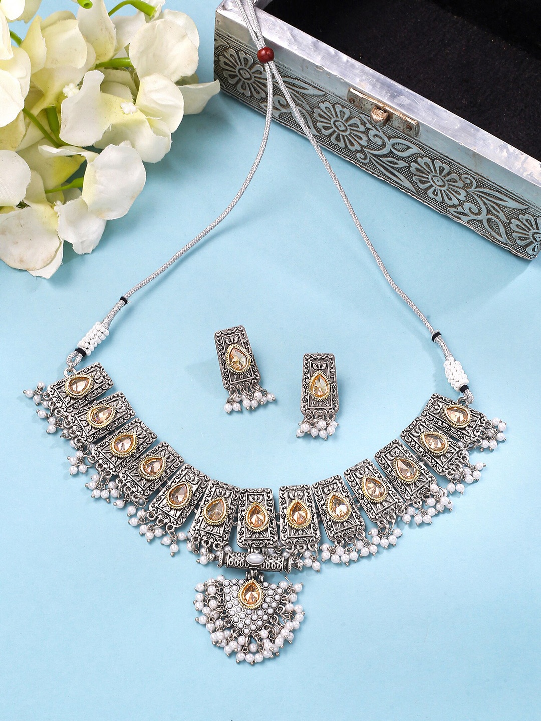 

Yellow Chimes Stone-Studded & Beaded Oxidised Jewellery Set, Silver