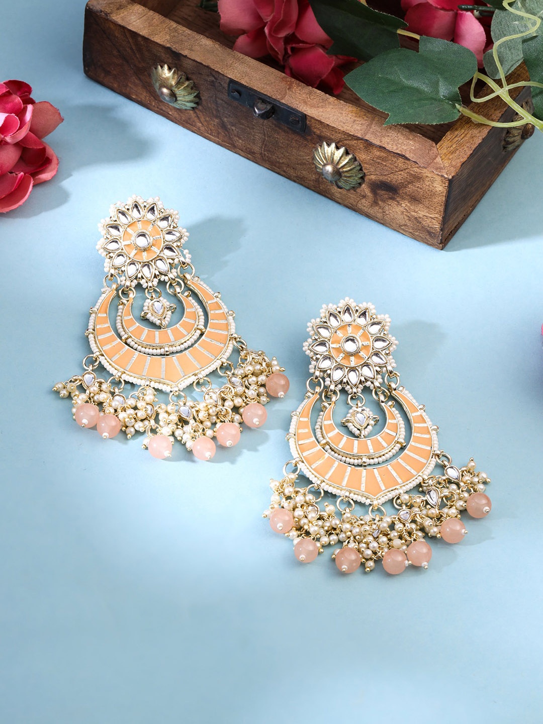 

Yellow Chimes Gold Plated Kundan Studded Beads Chandbalis, Peach