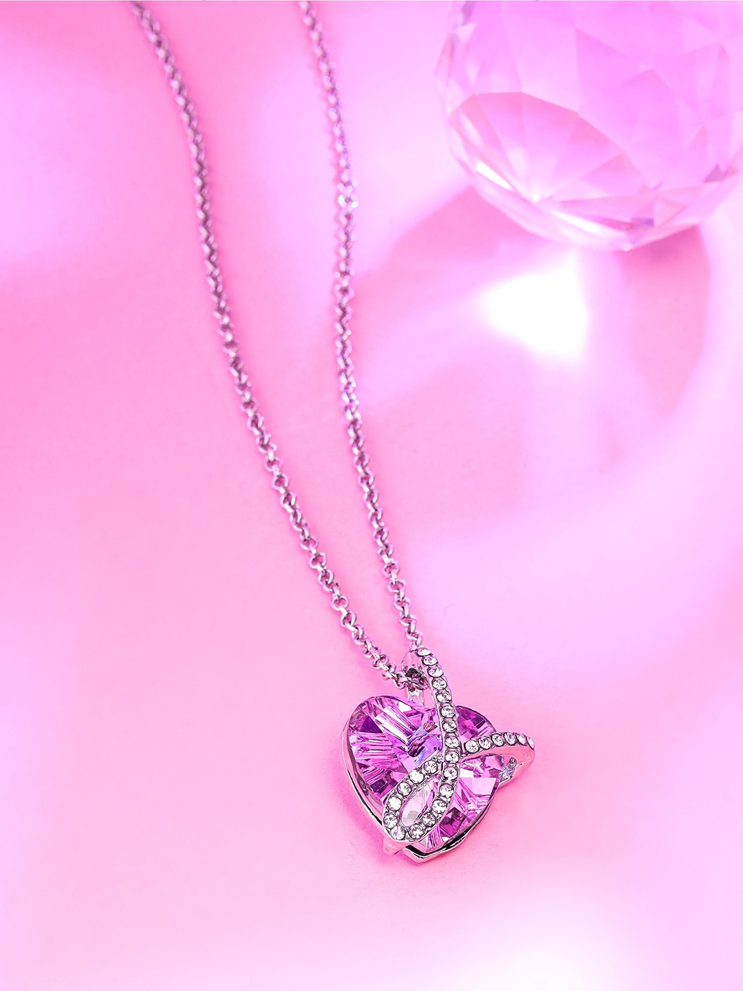 

Yellow Chimes Silver-Plated Stone-Studded Heart Shaped Pendant With Chain