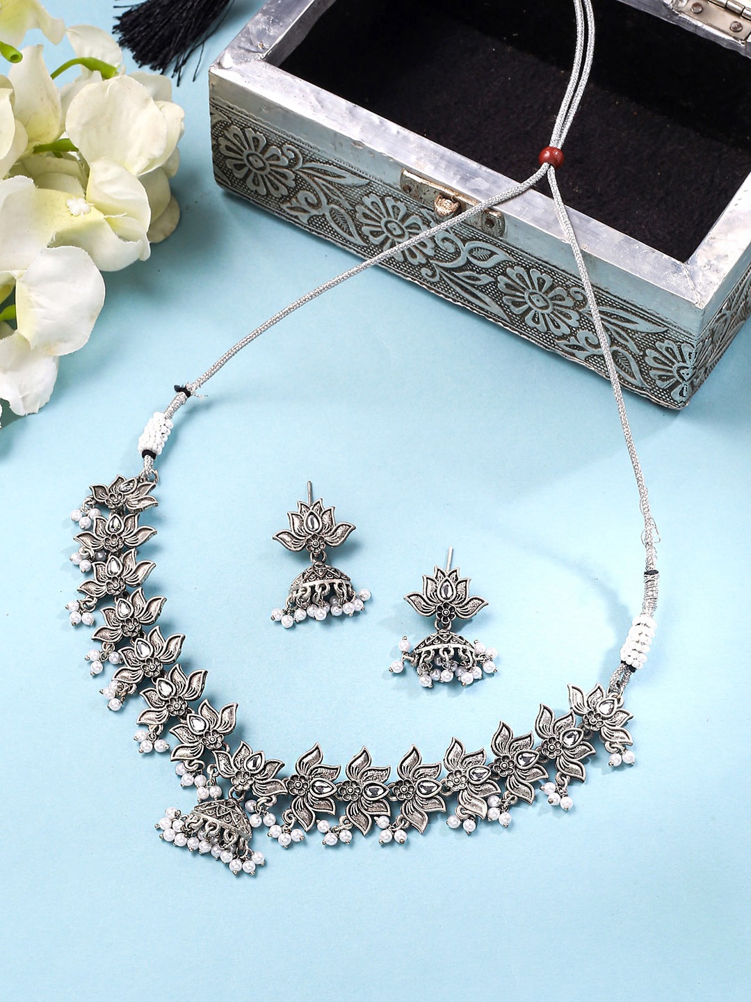 

Yellow Chimes Silver-Plated Stone-Studded and Beaded Jewellery Set