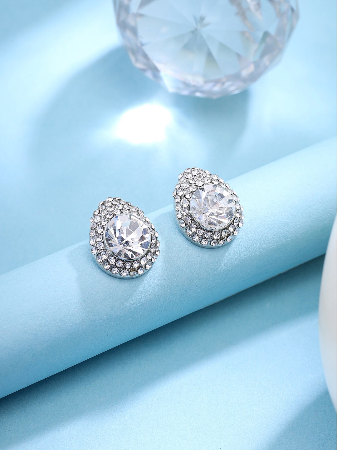 

Yellow Chimes Silver Plated Contemporary Crystal Studded Studs Earrings