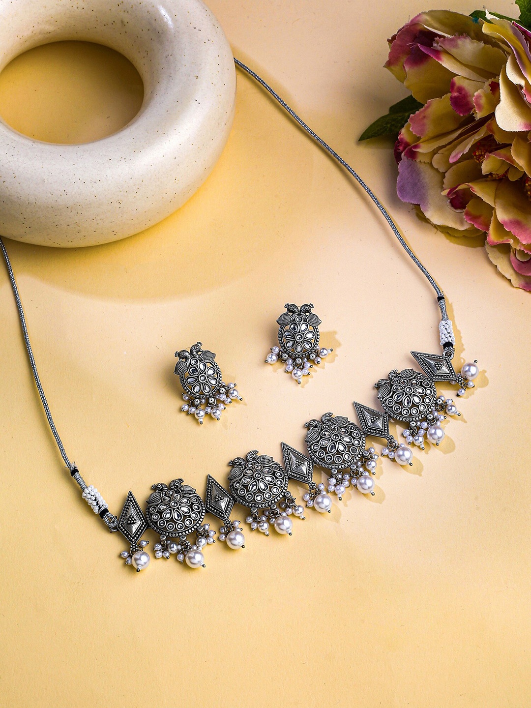 

Yellow Chimes Silver-Plated Stone-Studded and Beaded Jewellery Set