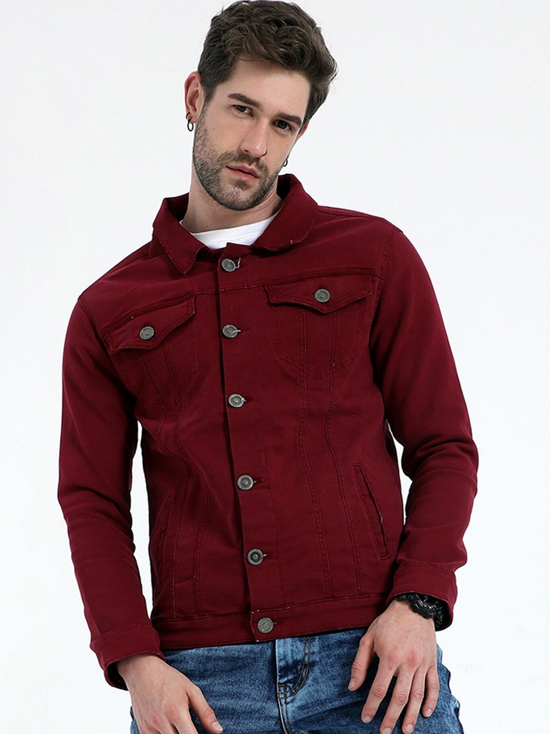

Reslag Spread Collar Cotton Denim Jacket, Maroon