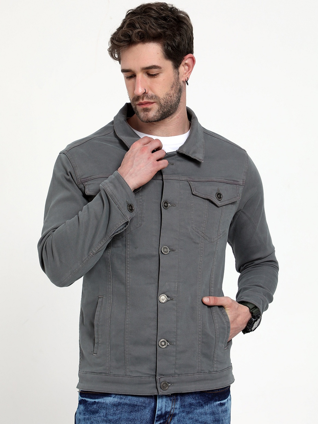 

Reslag Men Spread Collar Denim Jacket, Grey