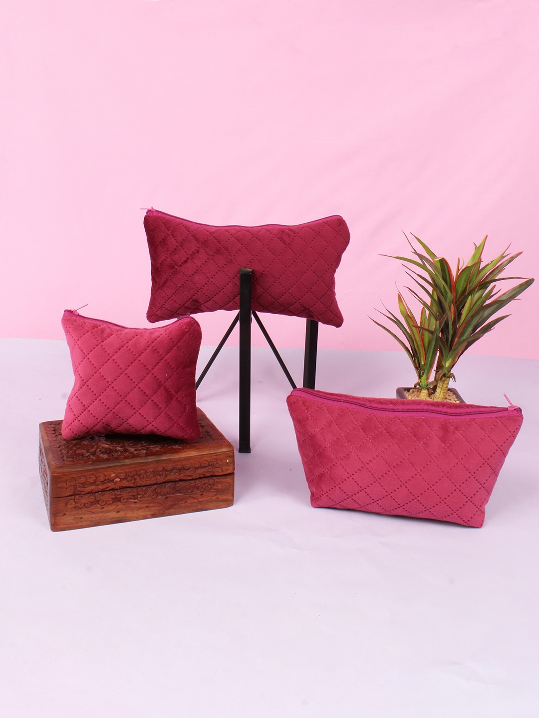 

STITCHNEST Set Of 3 Quilted Velvet Travel Pouches, Pink