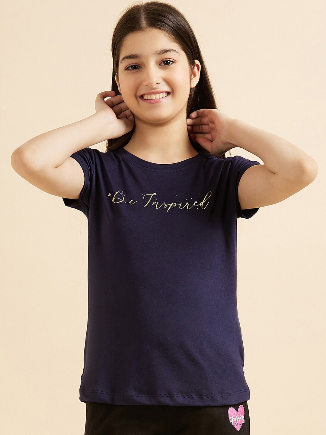

Sweet Dreams Girls Navy Blue & Beige Typography Printed Lounge Tshirts