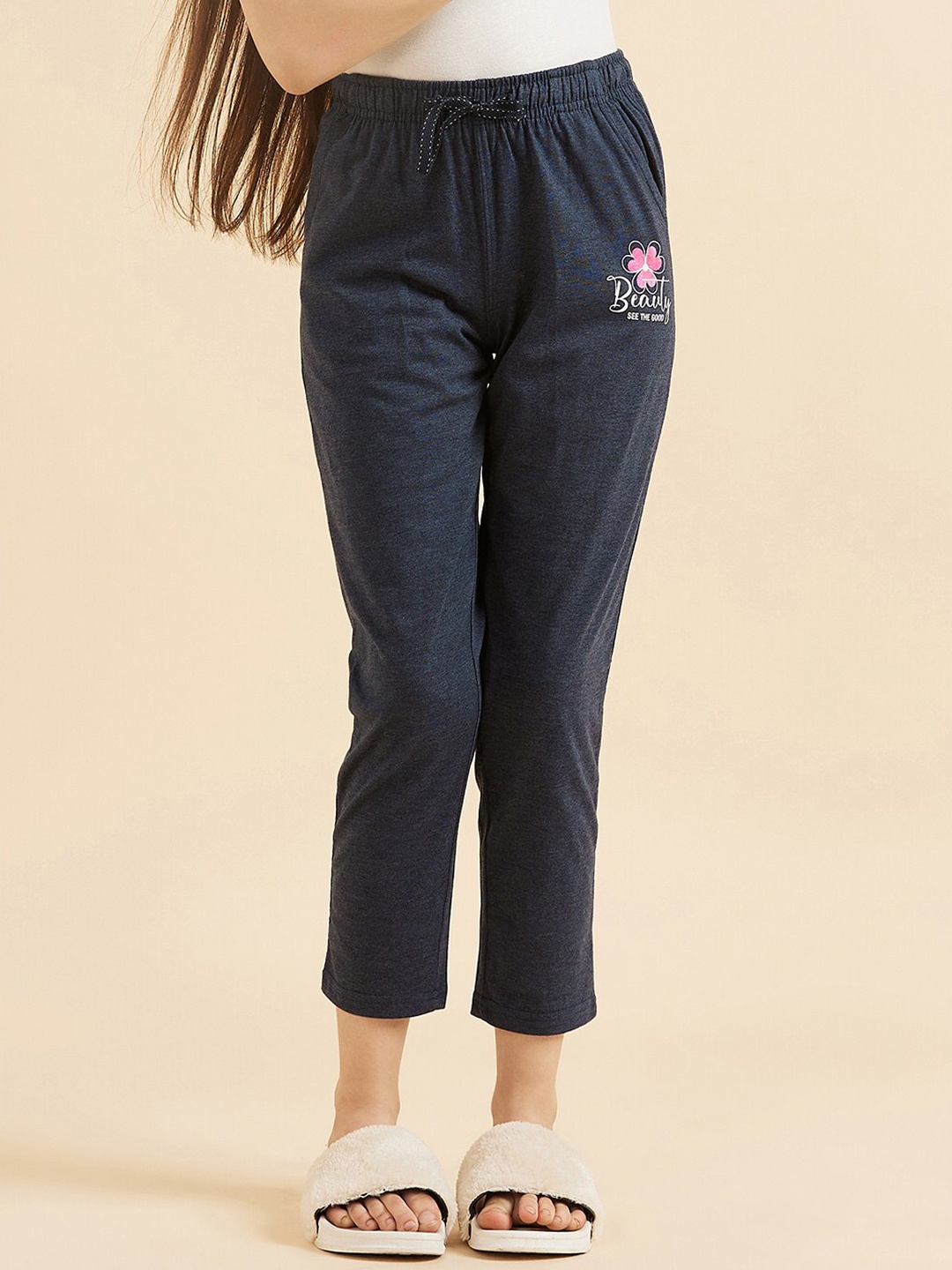 

Sweet Dreams Girls Navy Blue Printed Mid-Rise Lounge Pants