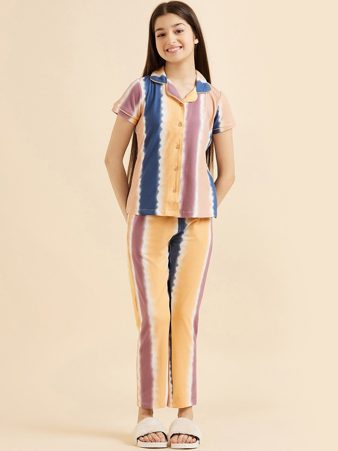 

Sweet Dreams Girls Mustard & Navy Blue Tie And Dye Printed Night Suit
