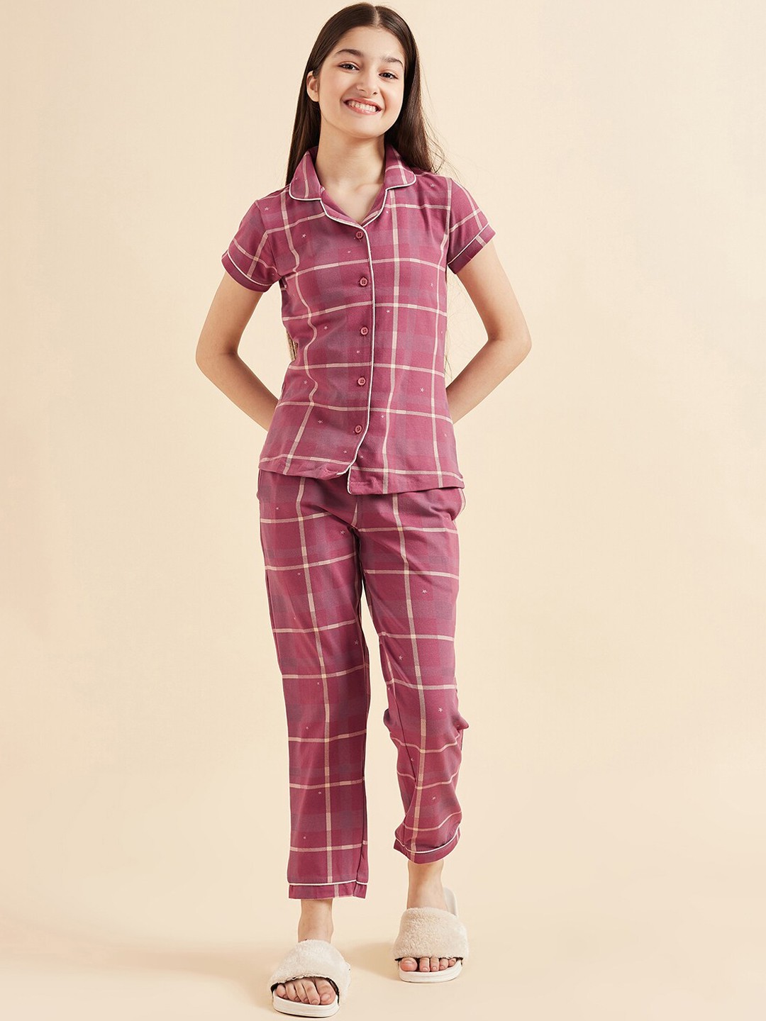 

Sweet Dreams Girls Maroon Checked Pure Cotton Night Suit