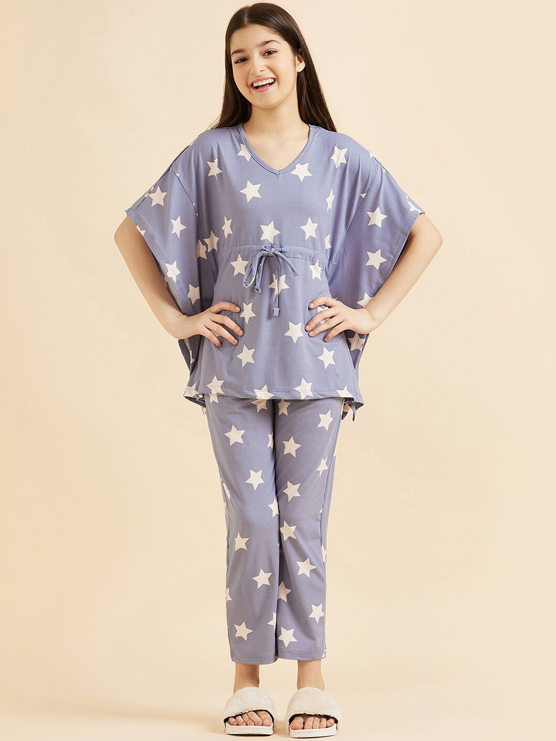 

Sweet Dreams Girls Lavender & White Conversational Printed Night Suit