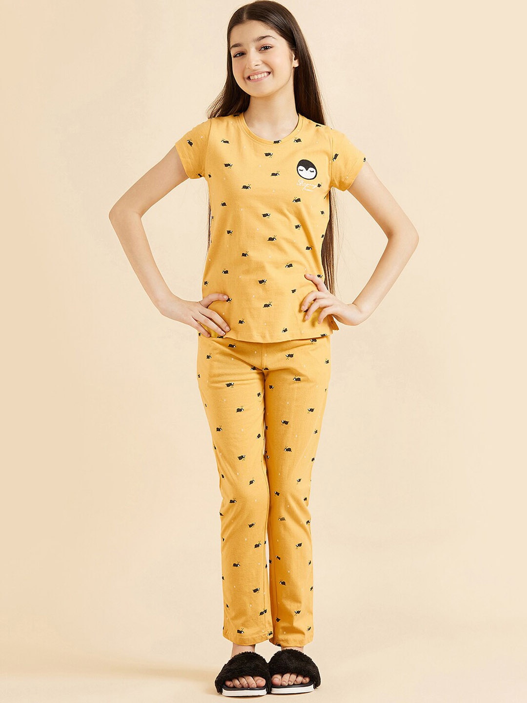 

Sweet Dreams Girls Mustard & Black Conversational Printed Pure Cotton Night Suit