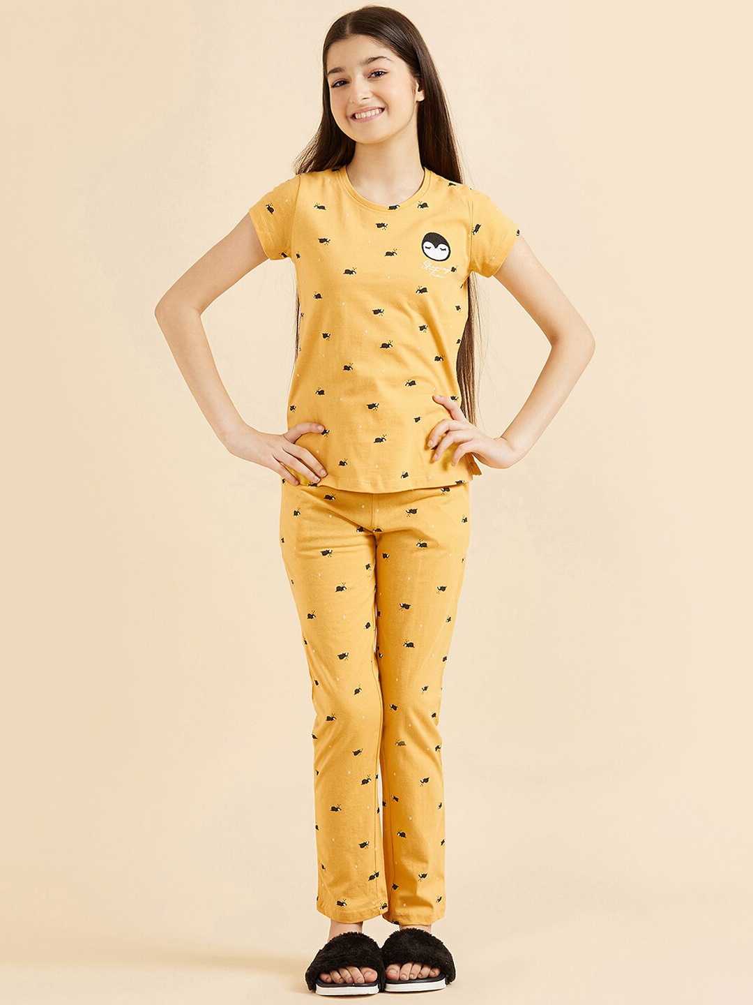 

Sweet Dreams Girls Mustard & Black Conversational Printed Pure Cotton Night Suit