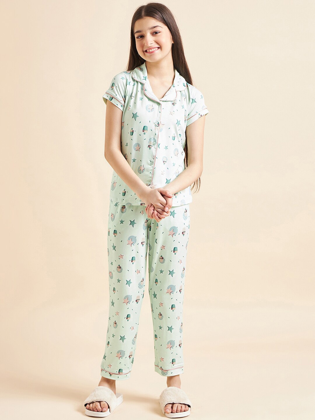 

Sweet Dreams Girls Blue & Pink Conversational Printed Night Suit