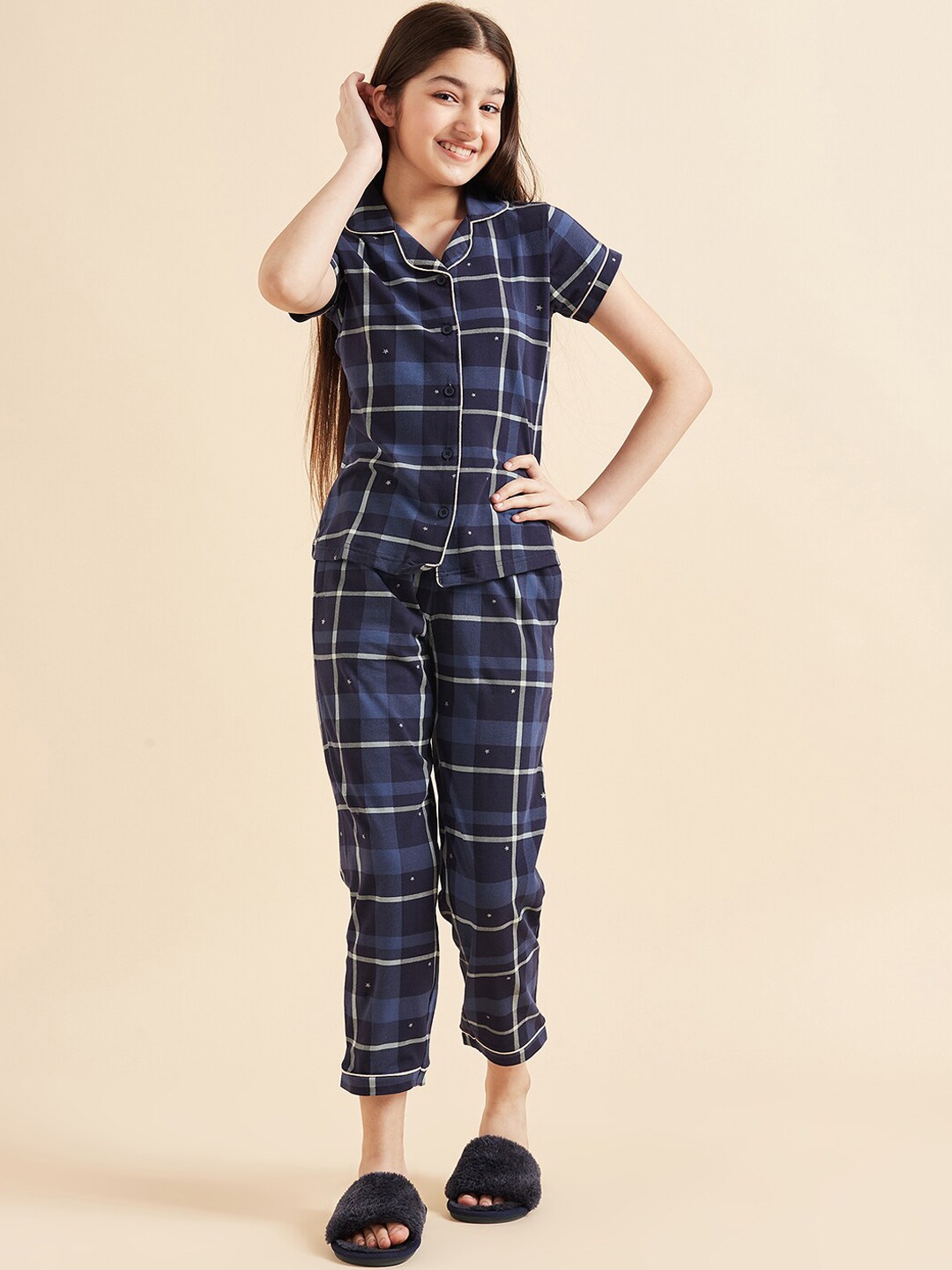 

Sweet Dreams Girls Navy Blue & White Checked Pure Cotton Night Suit