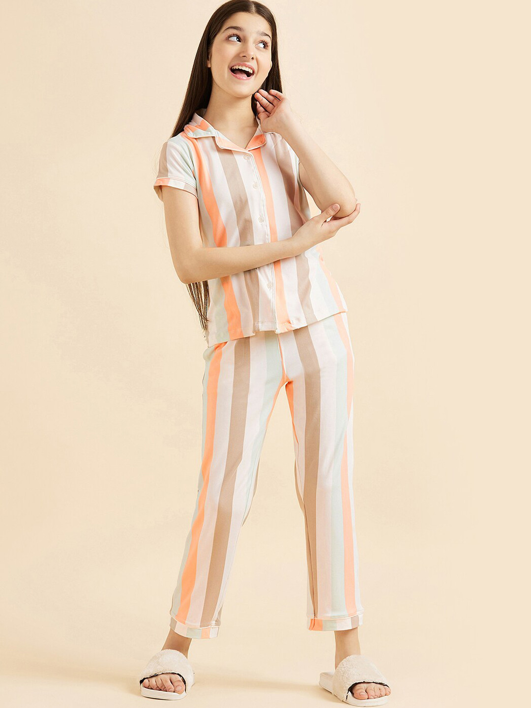 

Sweet Dreams Girls Beige & White Striped Night Suit