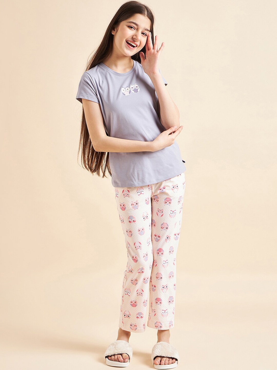 

Sweet Dreams Girls Lavender & White Conversational Printed Night Suit