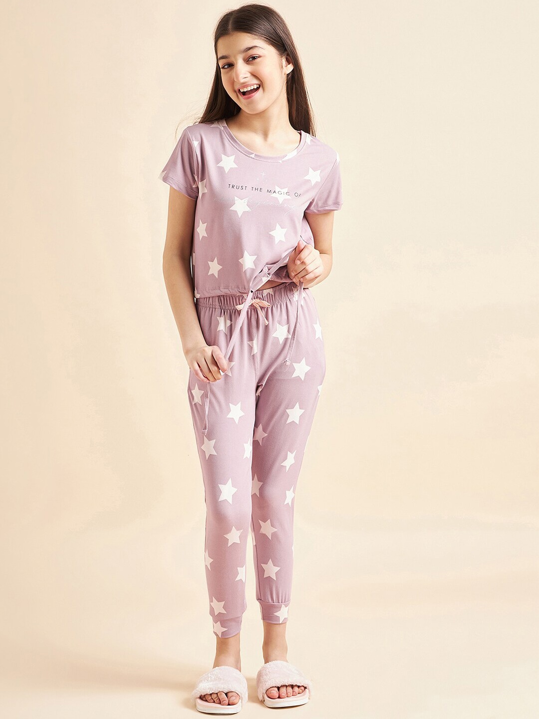 

Sweet Dreams Girls Pink & White Conversational Printed Night Suit