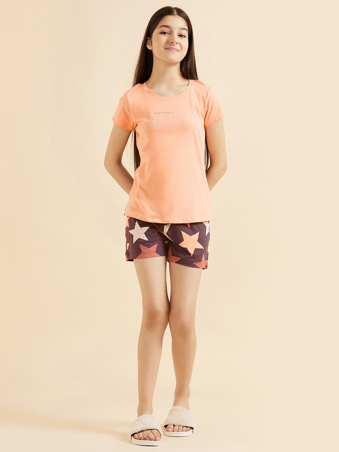 

Sweet Dreams Girls Peach-Coloured & Brown Conversational Printed Night Suit