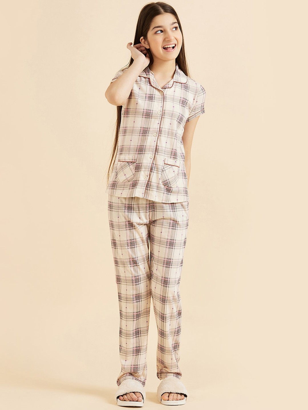 

Sweet Dreams Girls Beige & Pink Checked Pure Cotton Night Suit