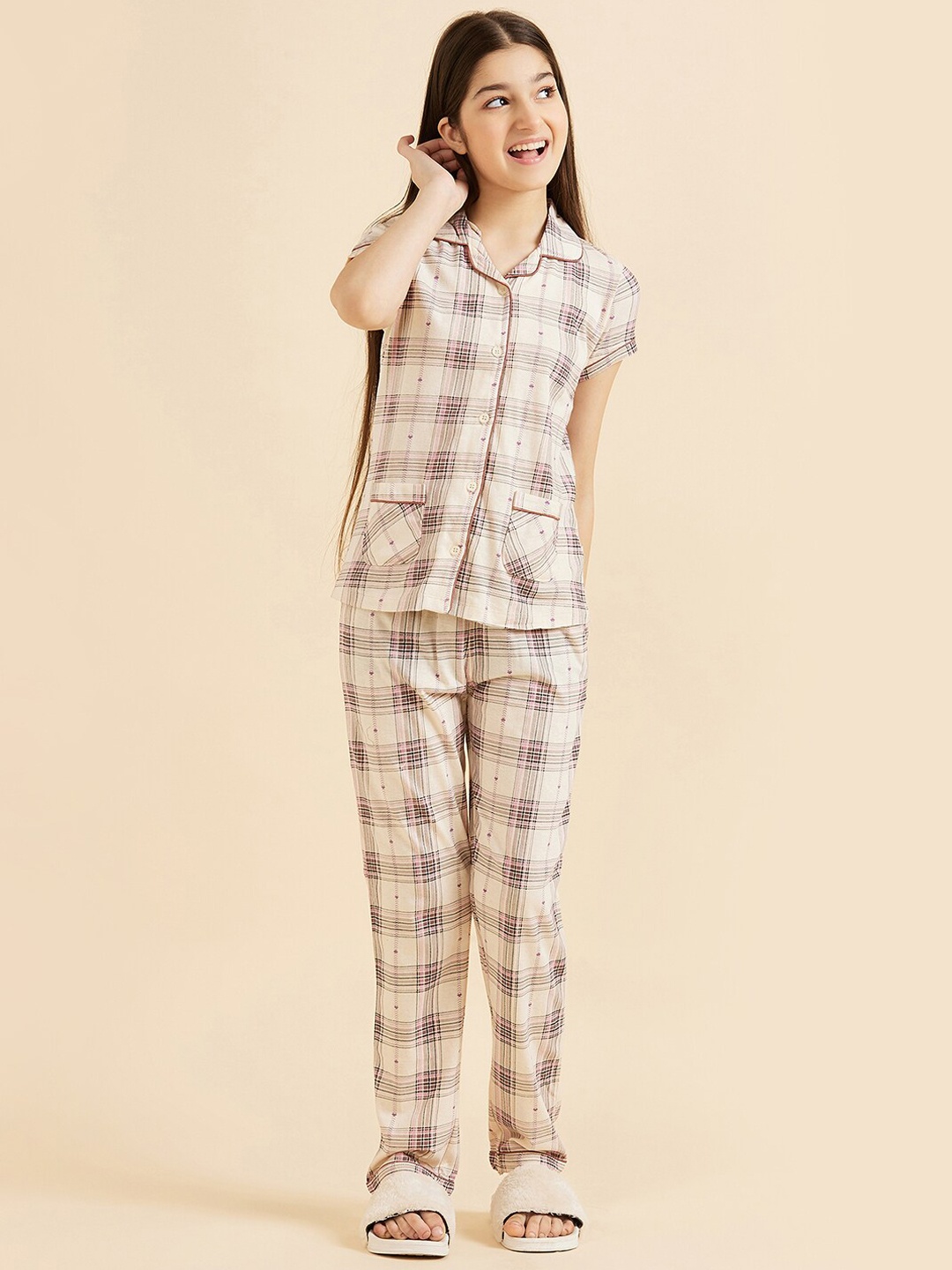 

Sweet Dreams Girls Beige & Black Checked Pure Cotton Night Suit