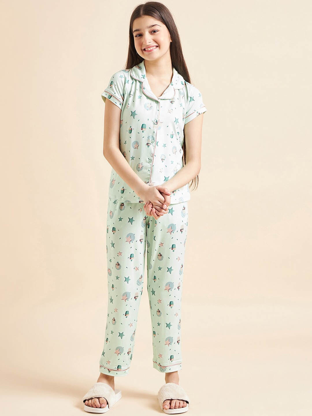 

Sweet Dreams Girls Blue & Pink Conversational Printed Night Suit, Green