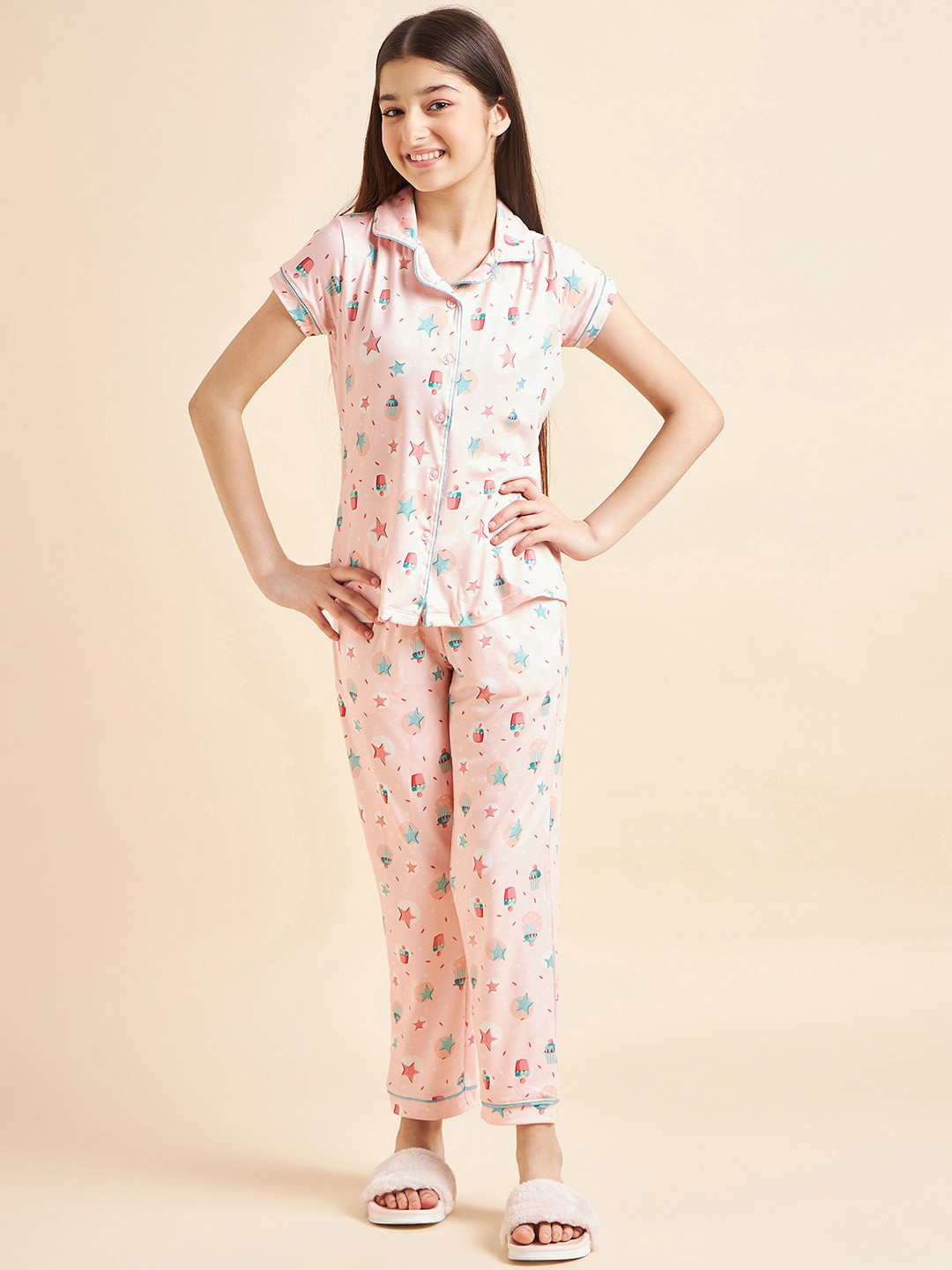 

Sweet Dreams Girls Peach-Coloured & Blue Conversational Printed Night Suit