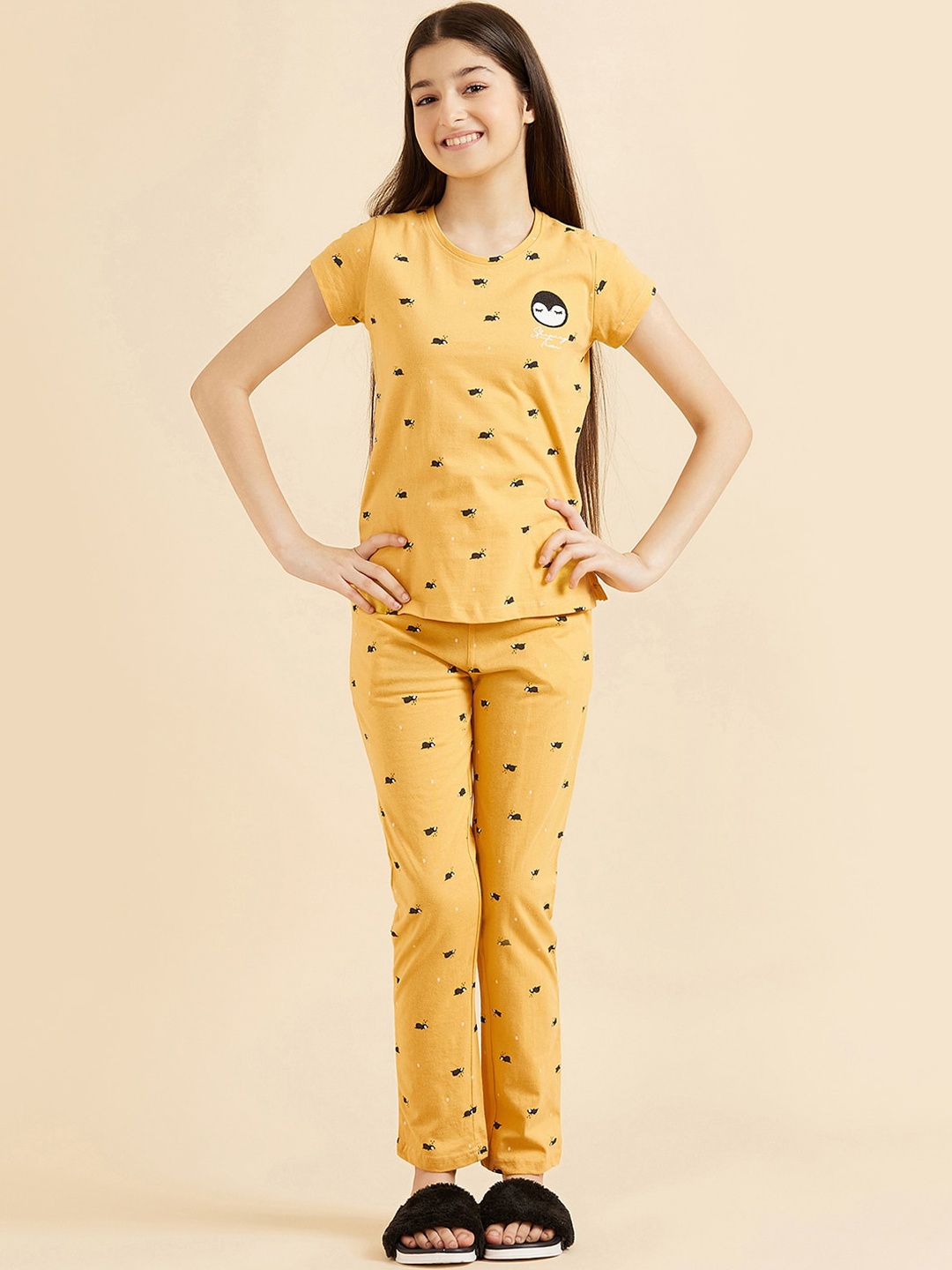 

Sweet Dreams Girls Mustard & Black Conversational Printed Pure Cotton Night Suit