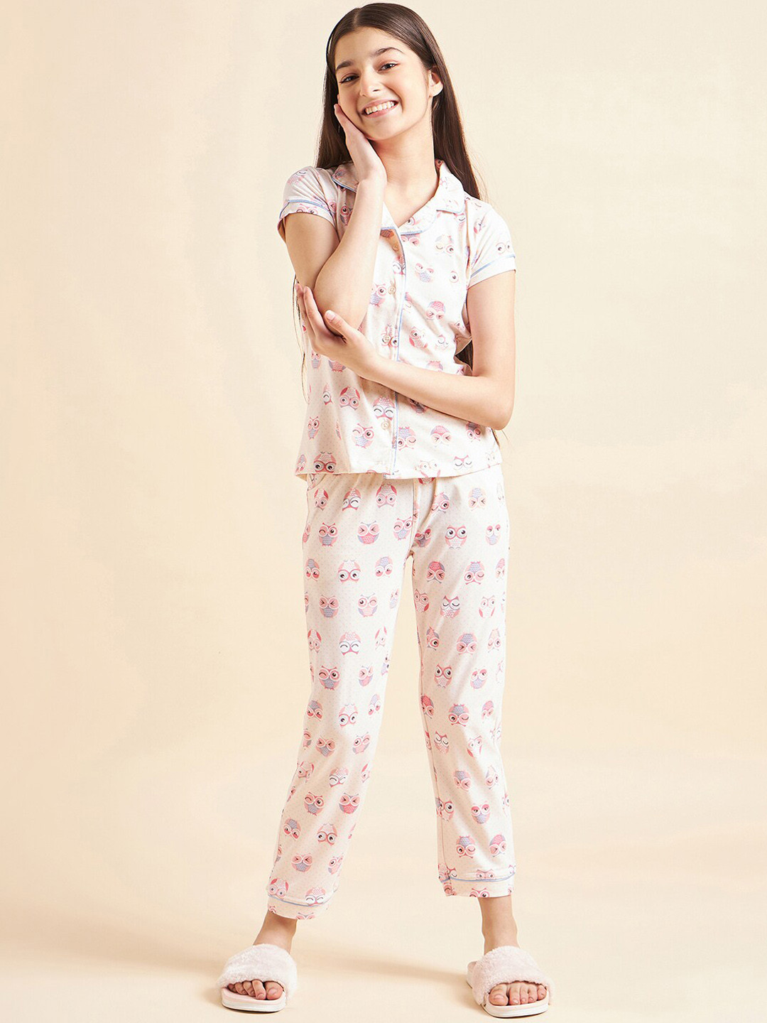 

Sweet Dreams Girls Beige & Pink Conversational Printed Night Suit