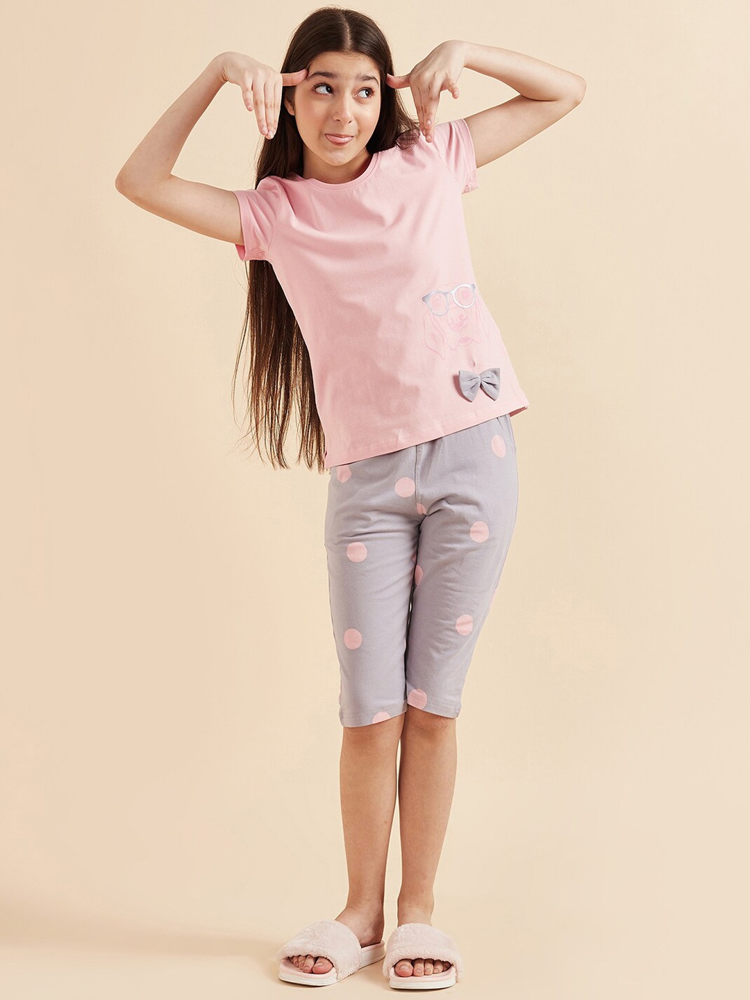 

Sweet Dreams Girls Pink & Grey Graphic Printed Pure Cotton Night Suit