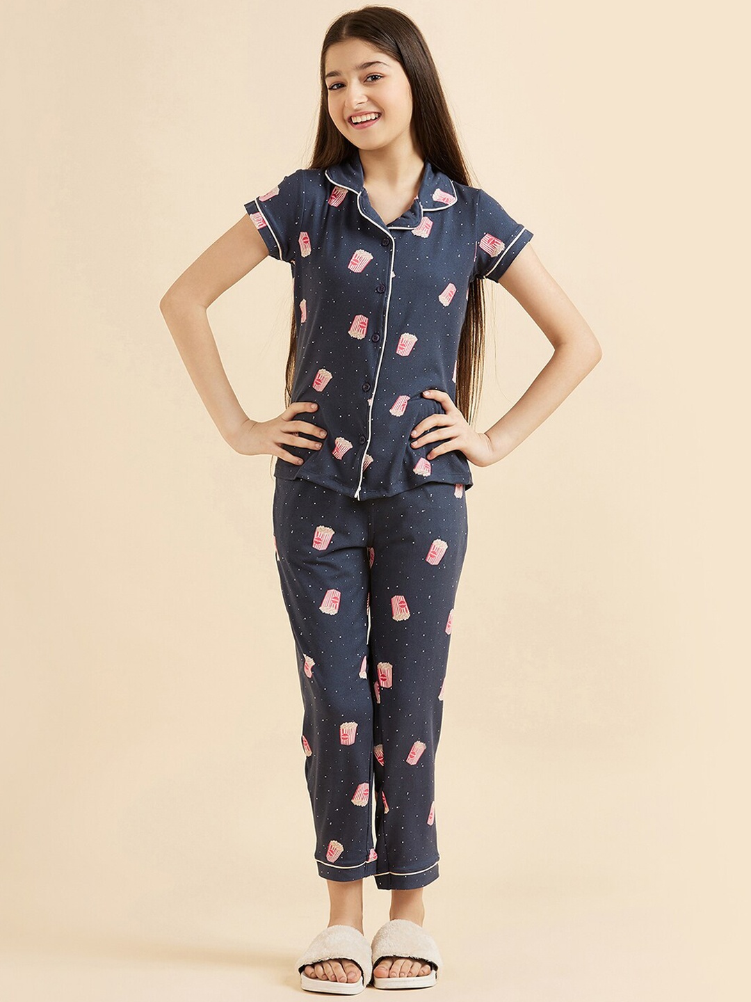 

Sweet Dreams Girls Navy Blue & Pink Conversational Printed Night Suit