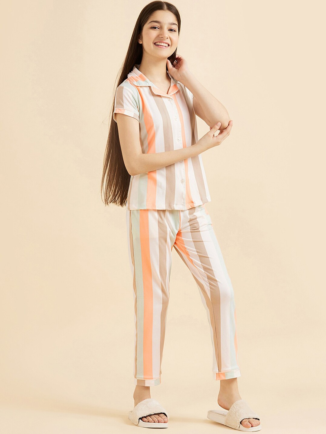 

Sweet Dreams Girls Beige & Green Striped Night Suit