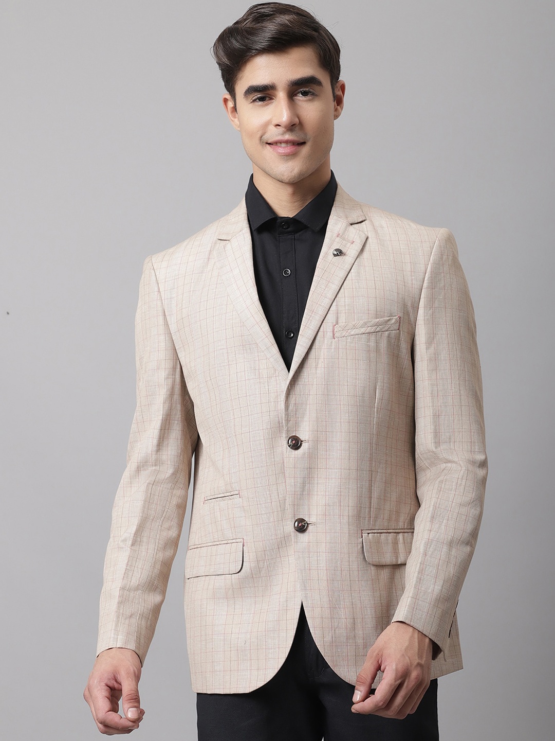 

Cantabil Men Checked Notched Lapel Collar Single Breasted Formal Blazer, Beige