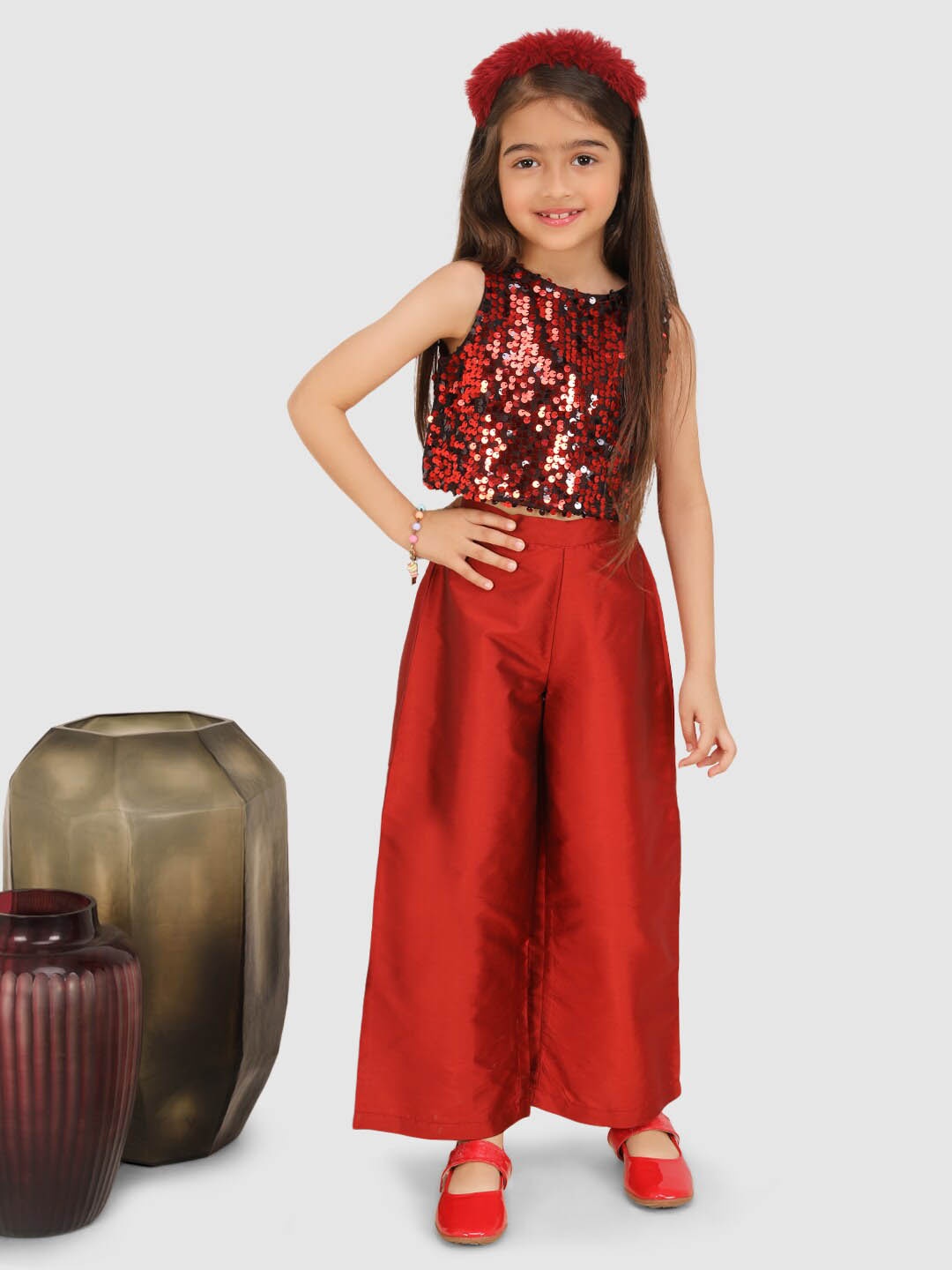 

Jelly Jones Girls Embellished Sleeveless Top with Trousers, Maroon