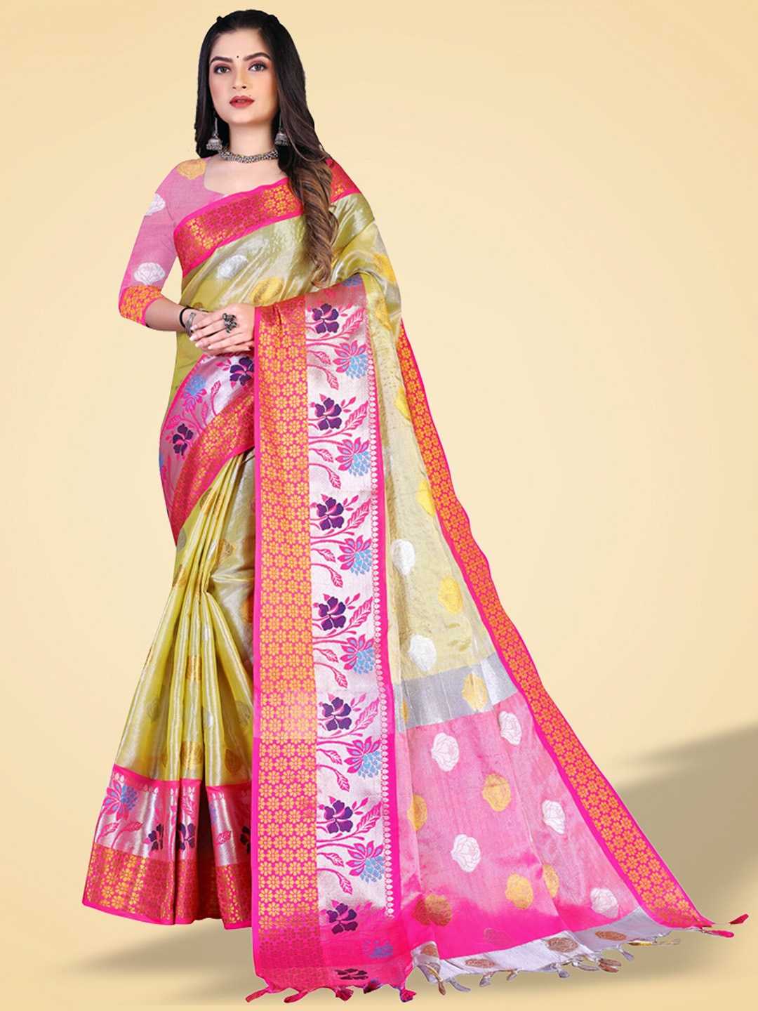 

N N ENTERPRISE Woven Design Zari Kanjeevaram Saree, Yellow