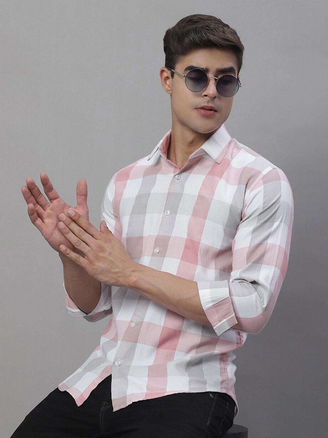

JAINISH Classic Checked Spread Collar Cotton Casual Shirt, White