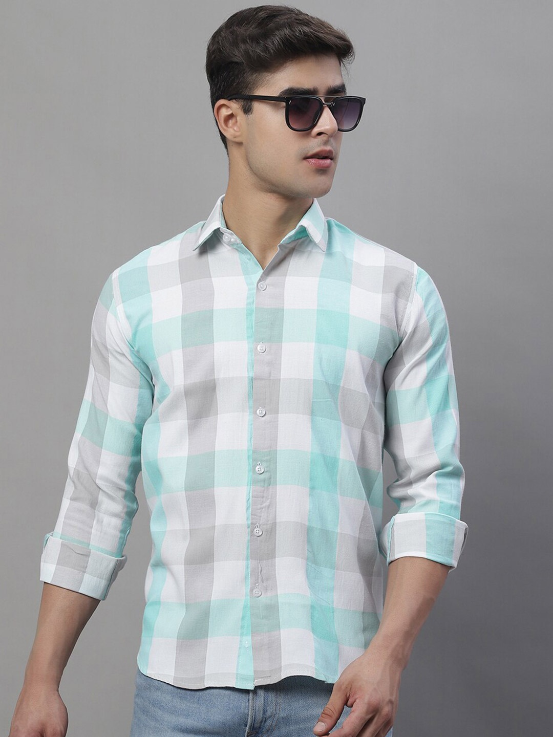 

JAINISH Classic Gingam Checked Pure Cotton Casual Shirt, White