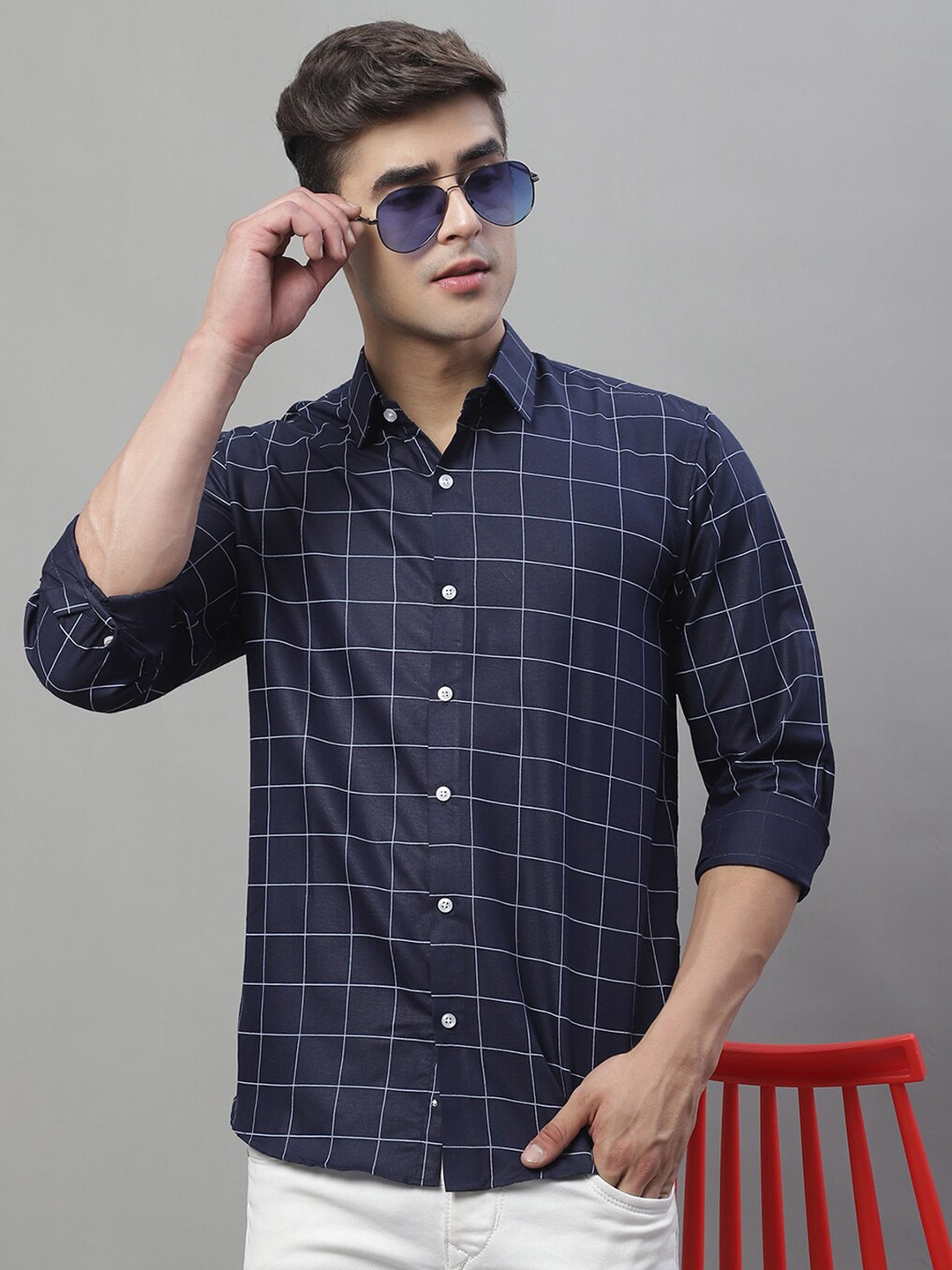 

JAINISH Classic Checked Spread Collar Cotton Casual Shirt, Navy blue