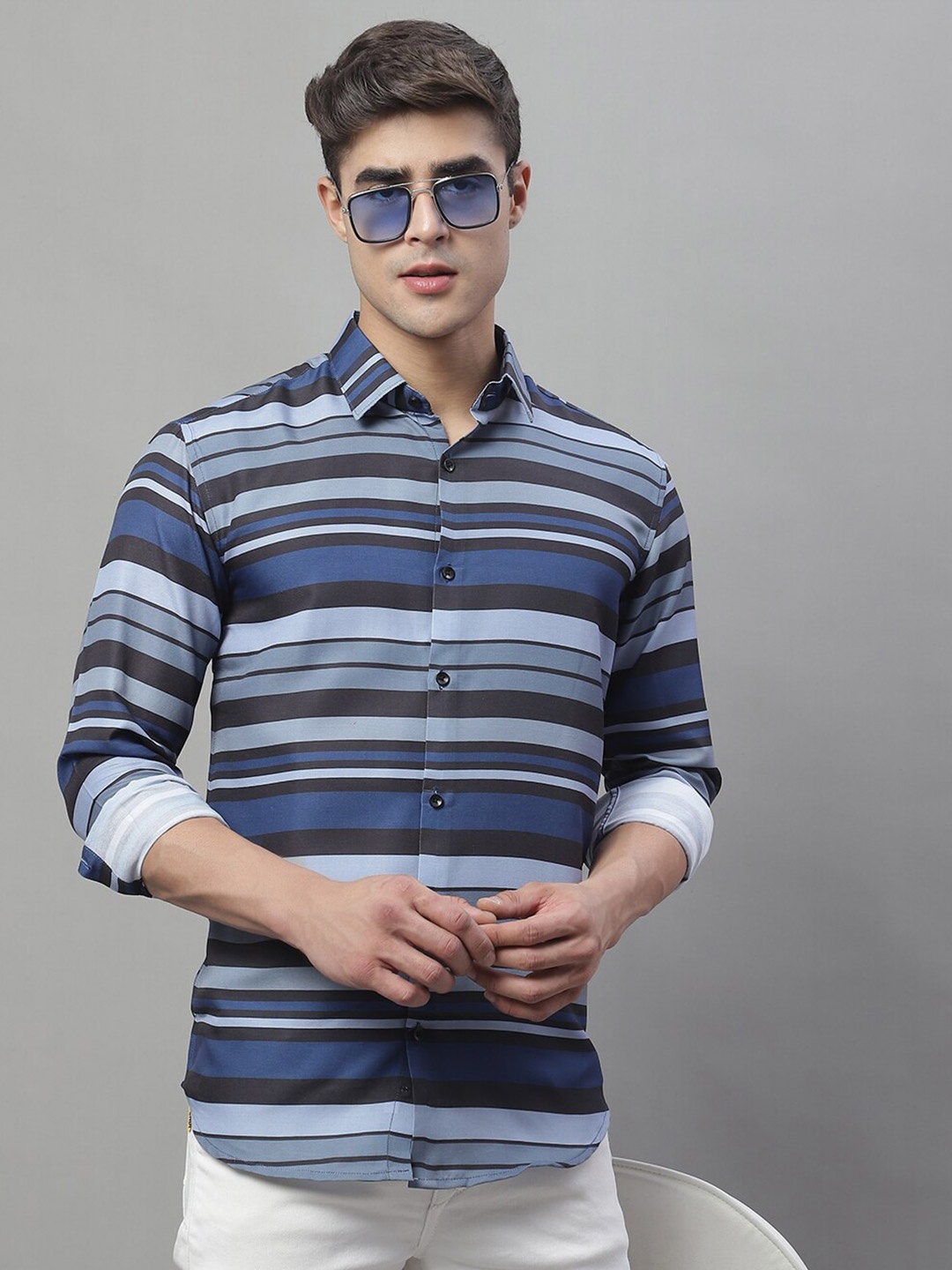 

JAINISH Classic Horizontal Striped Pure Cotton Shirt, Grey