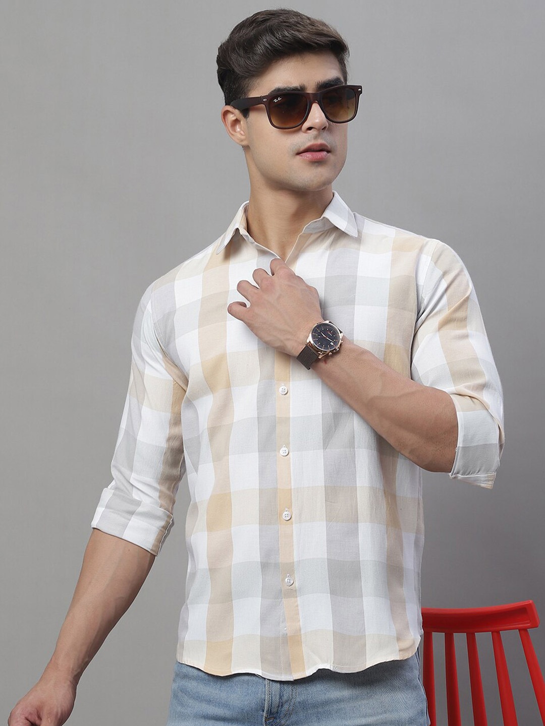 

JAINISH Classic Checked Spread Collar Cotton Casual Shirt, White
