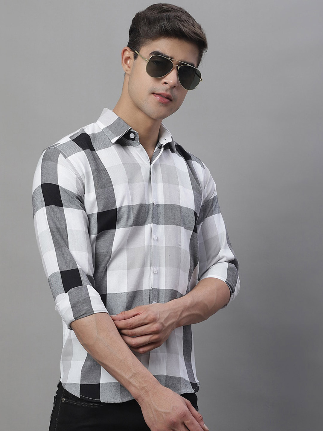 

JAINISH Classic Checked Spread Collar Cotton Casual Shirt, White