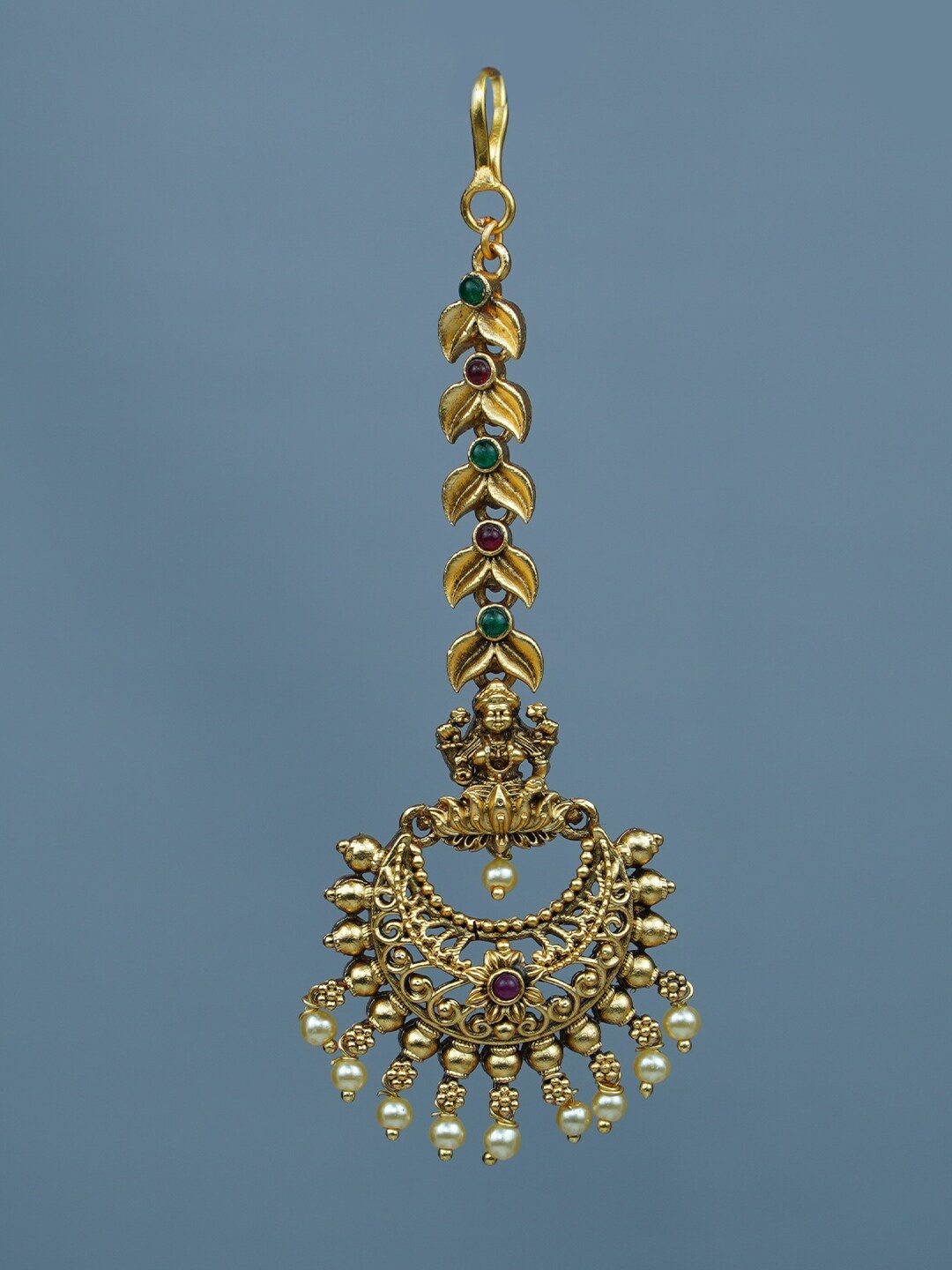 

Diksha collection Gold-Plated Stones-Studded And Beaded Temple Maang Tikka