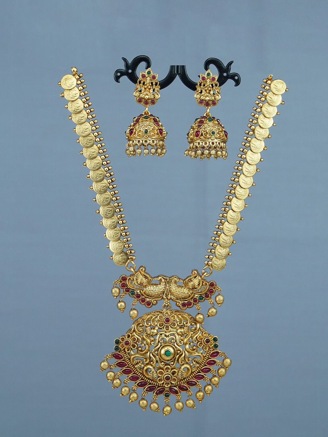 

Diksha collection Gold-Plated Red & Green Artificial Stone-Studded Temple Jewellery Set