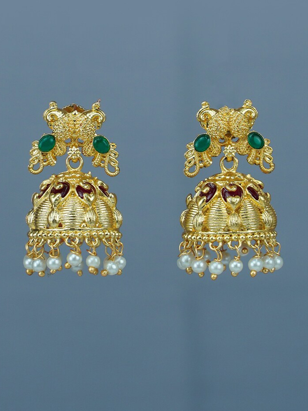 

Diksha collection Gold-Plated Stone-Studded & Beaded Dome Shaped Jhumkas