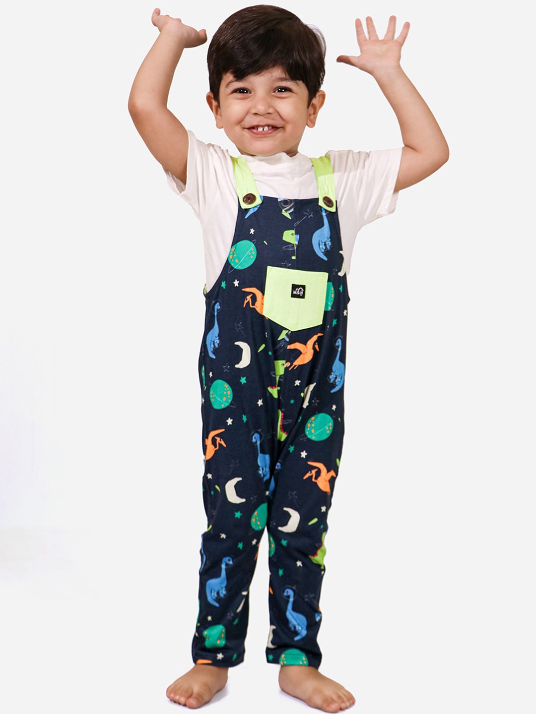 

Whistle & Hops Kids Printed Straight-Fit Pure Cotton Dungaree, Navy blue