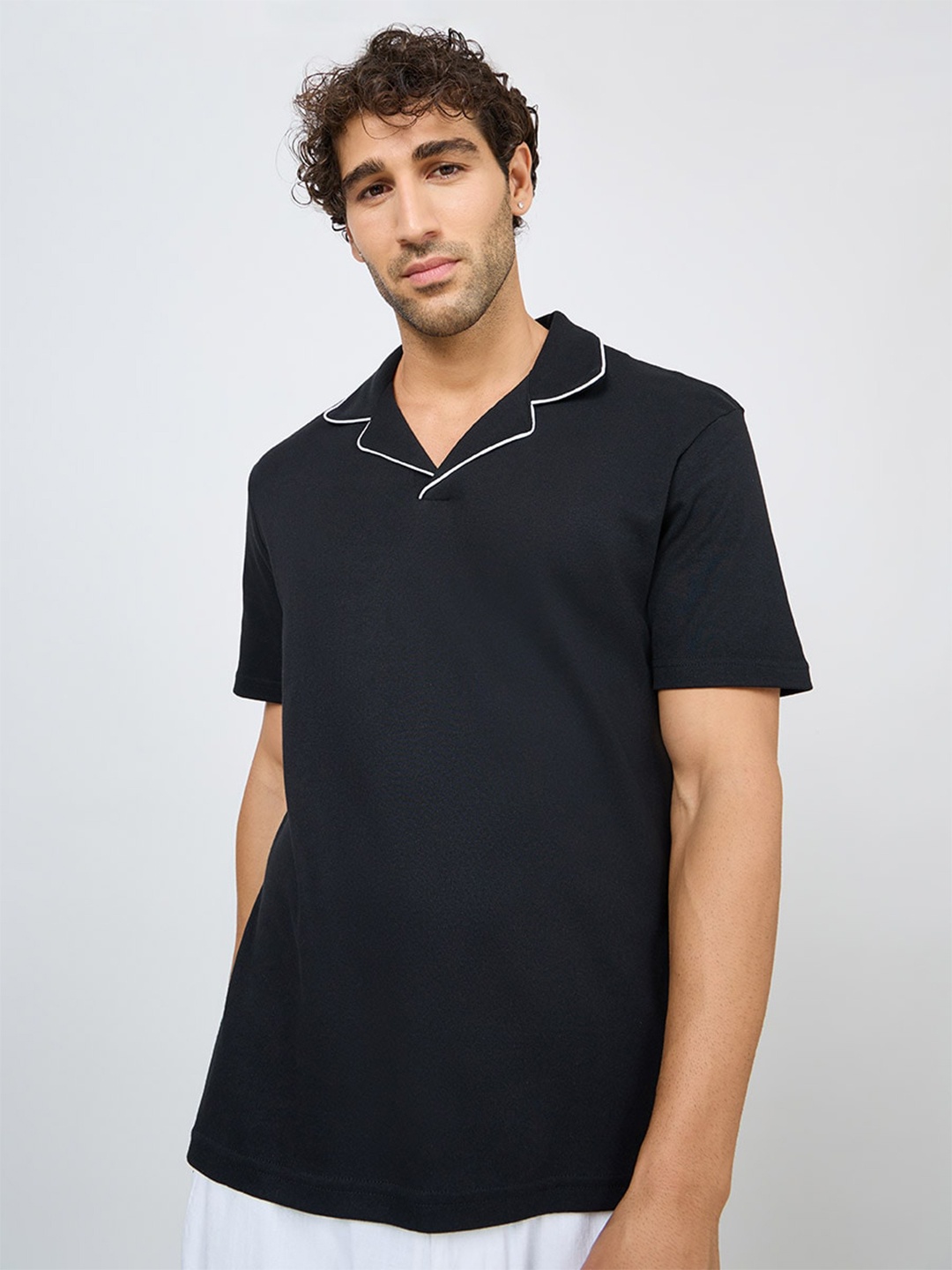 

Styli Men Pure Cotton Polo Collar Interlock Knit -shirt, Black