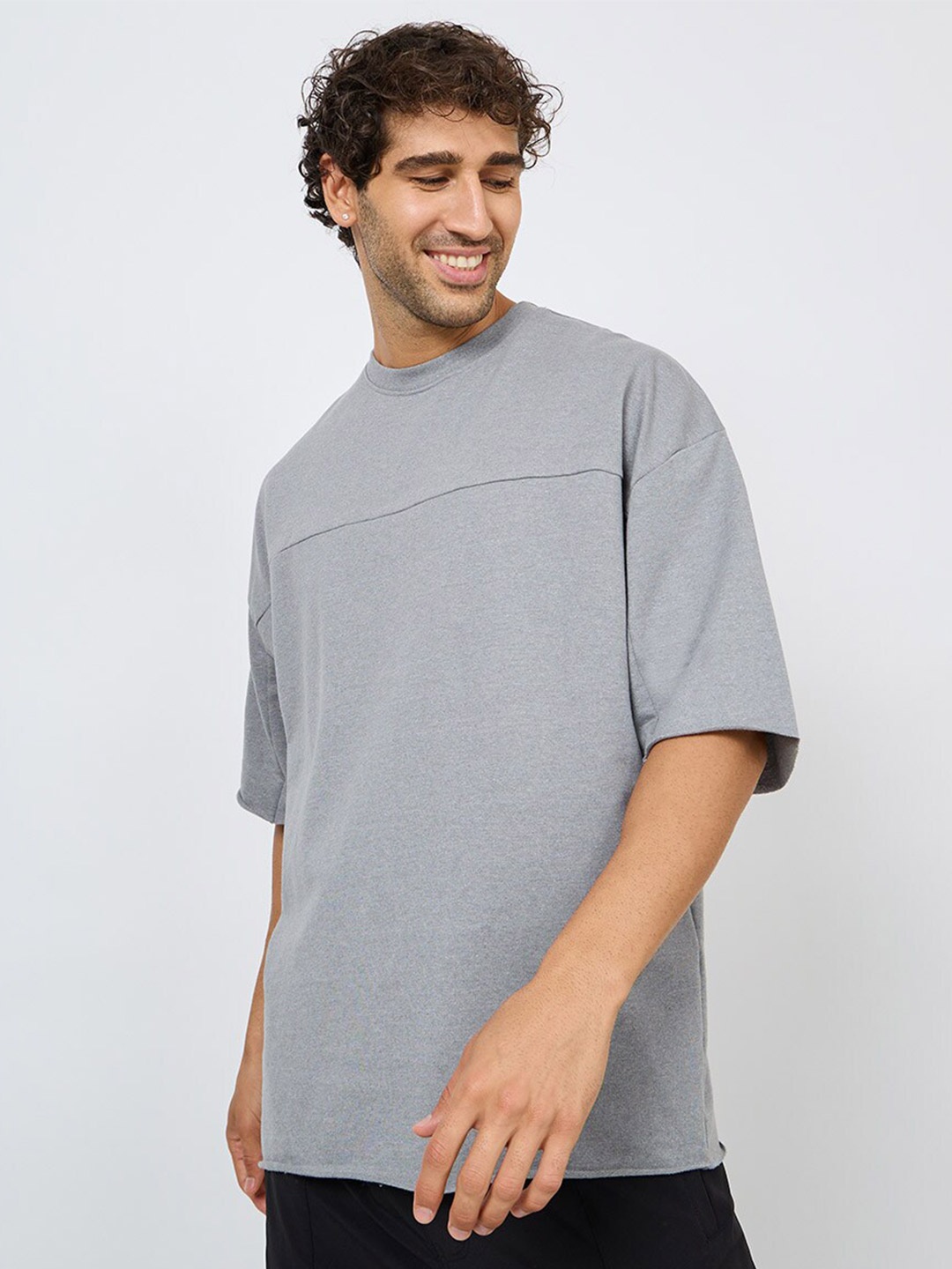 

Styli Terry Boxy Fit T-Shirt with Raw Sleeve & Hem Detail, Grey