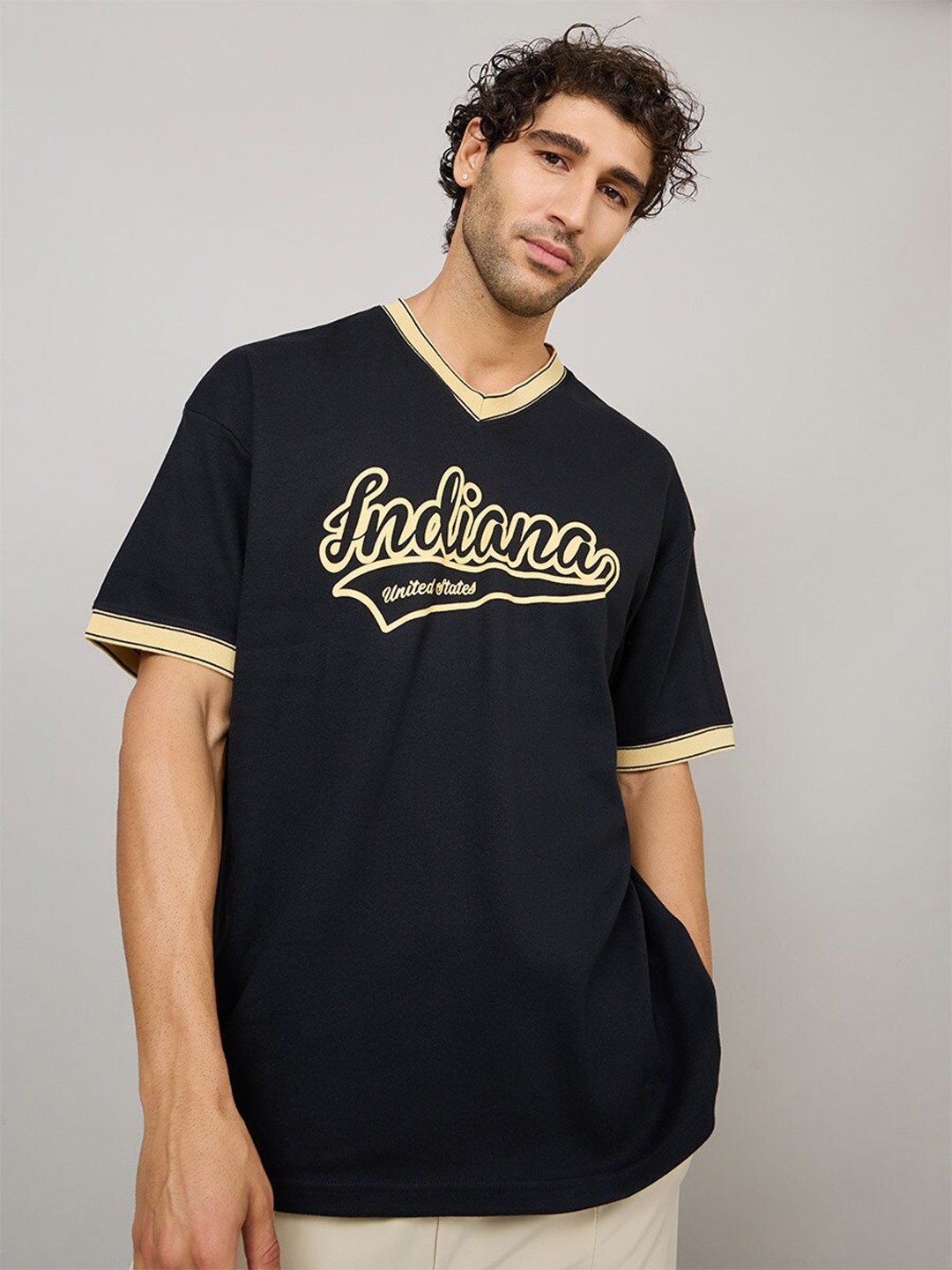 Styli Eco-Earth V Neck Tipping Rib Detail Oversized T-Shirt, Black