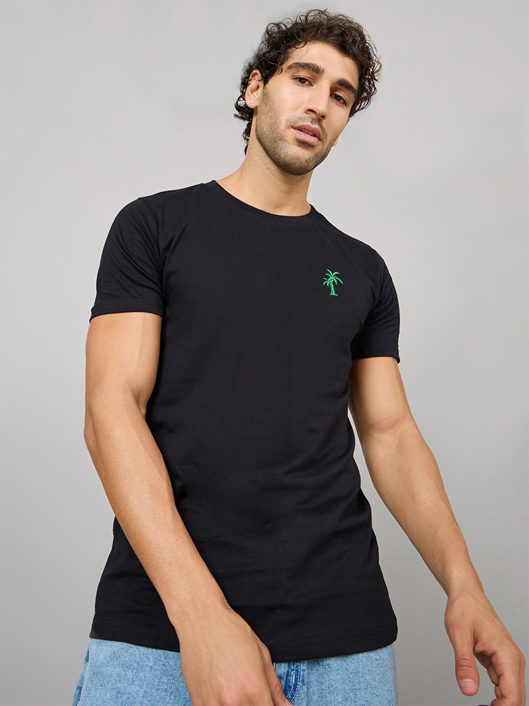

Styli Palm Embroidered Regular Fit T-Shirt, Black