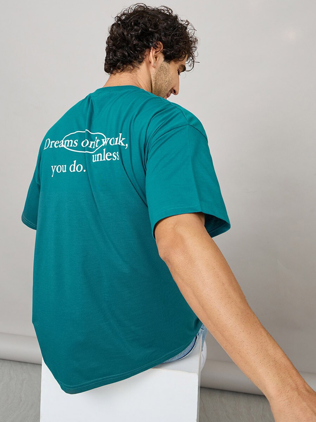 

Styli Back Slogan Drop Shoulder Oversized T-Shirt, Teal